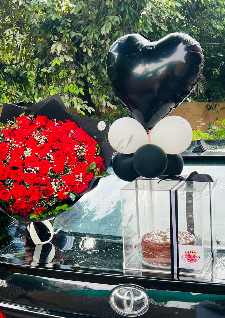 Red Rose Bouquet & Cake Balloon Gift Combo | GDEL-114