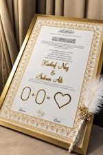 Load image into Gallery viewer, Personalised Nikah certificate with gold floral borders, Arabic calligraphy, and elegant couple names. A timeless Islamic wedding keepsake.