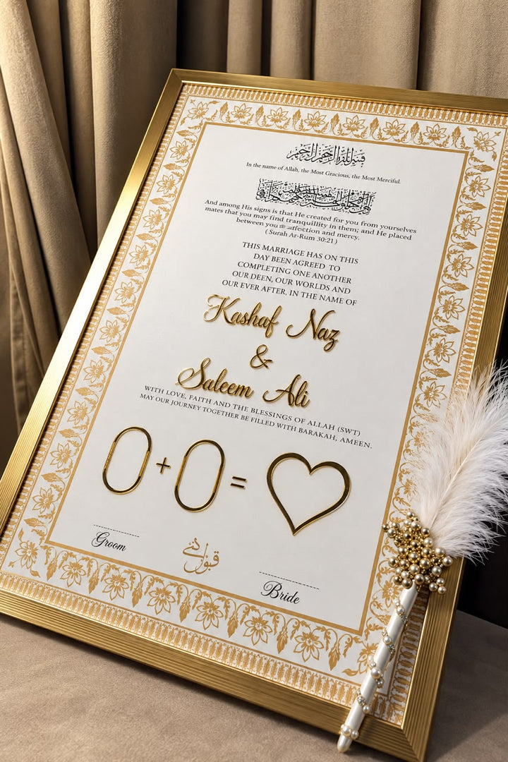 Personalised Nikah certificate with gold floral borders, Arabic calligraphy, and elegant couple names. A timeless Islamic wedding keepsake.