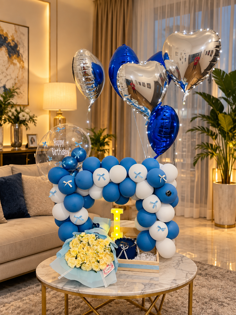 Blue and white birthday gift set with flowers, gift box and illuminated birthday balloon