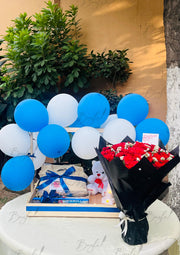 Blue Gift Box with Bouquet & Teddy | GDEL-088