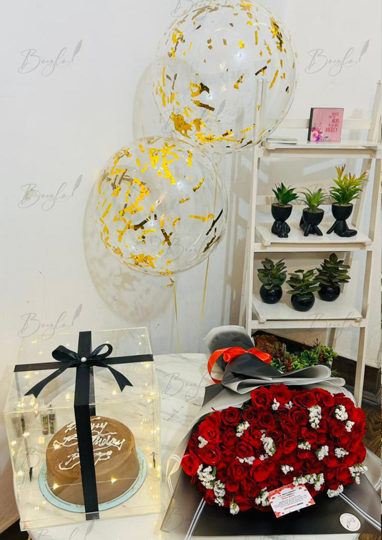 Luxury Cake Acrylic Box with Rose Bouquet & Balloons | GDEL-006