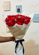 Load image into Gallery viewer, Red Rose Bouquet – White Wrap &amp; Blue Ribbon | BCG-167
