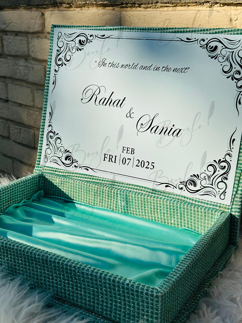 Eye Catchy Green Nikah Booklet Box with Personalized Couple Details | BOX-012