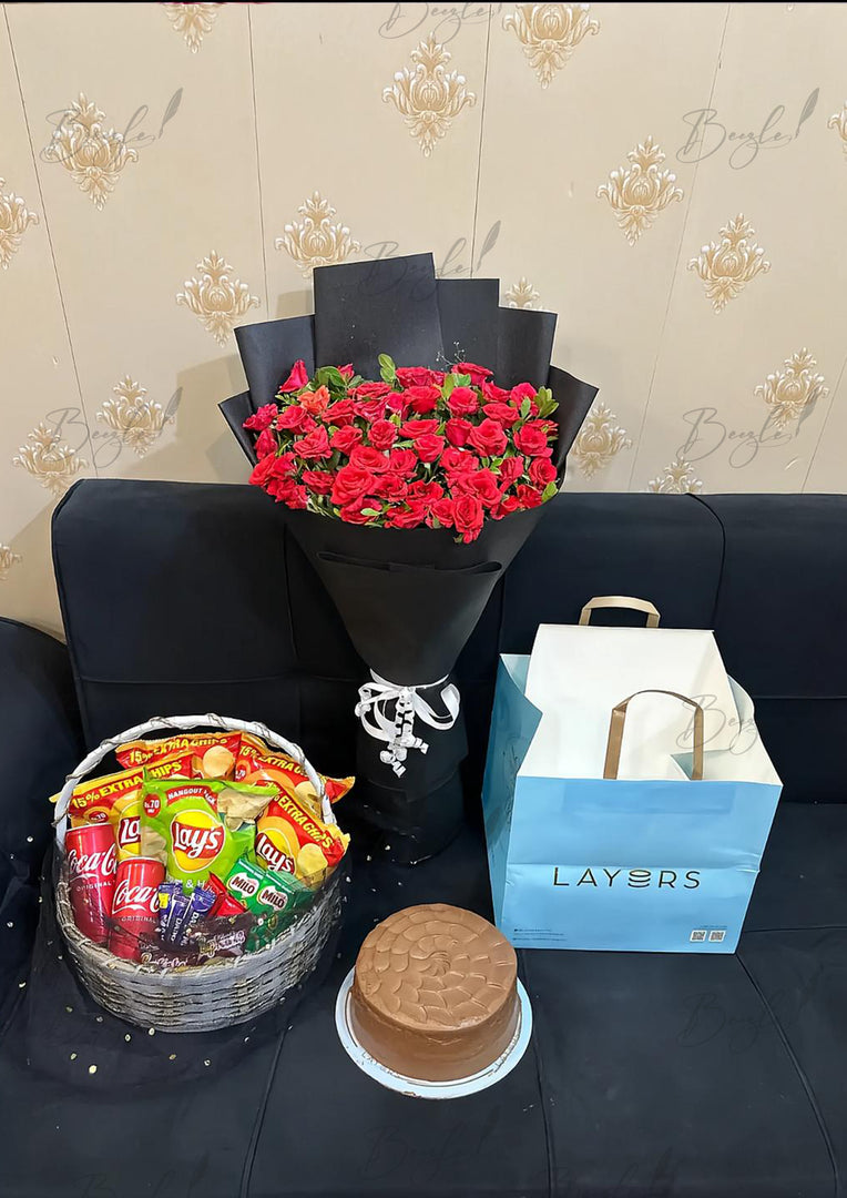 Red Roses with Cake & Snacks Basket | GDEL-124