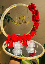 Load image into Gallery viewer, Customized Red Rose Nikkah Ring Tray with Two Ring Boxes &amp; Pearls | NT-008
