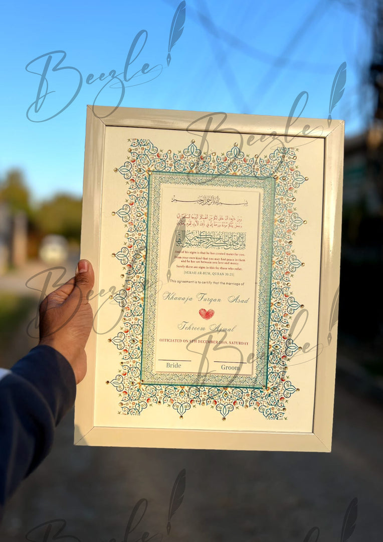 Luxury Blue & Clay Ash Nikah Certificate with Stone Decoration | SNC-006