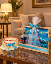 Blue Care Hamper with cake, snacks, drinks and blue ribbon gift box for get well soon wishes