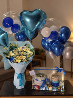 Load image into Gallery viewer, Ocean Blue Serenity luxury birthday gift arrangement with blue balloons, flower bouquet, cake box and elegant décor