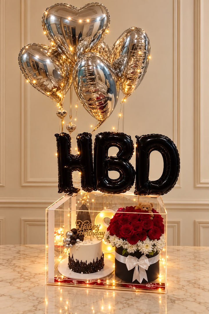 Midnight Elegance birthday gift with cake red roses teddy bear and silver heart balloons