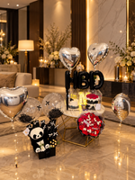 Load image into Gallery viewer,  Birthday surprise with black HBD balloons, silver heart balloons, panda plush, red rose bouquet and mini cake