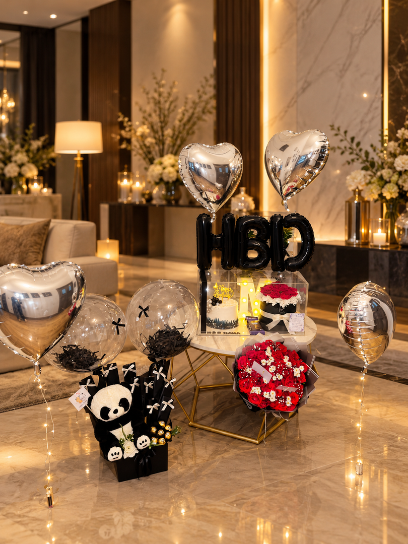  Birthday surprise with black HBD balloons, silver heart balloons, panda plush, red rose bouquet and mini cake