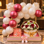 Load image into Gallery viewer, Pearl Blossom pink and white balloon setup with butterfly cake and floral arrangement