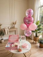 Load image into Gallery viewer, Pink birthday gift arrangement with confetti balloons, beauty gift box, pink cake and floral bouquet