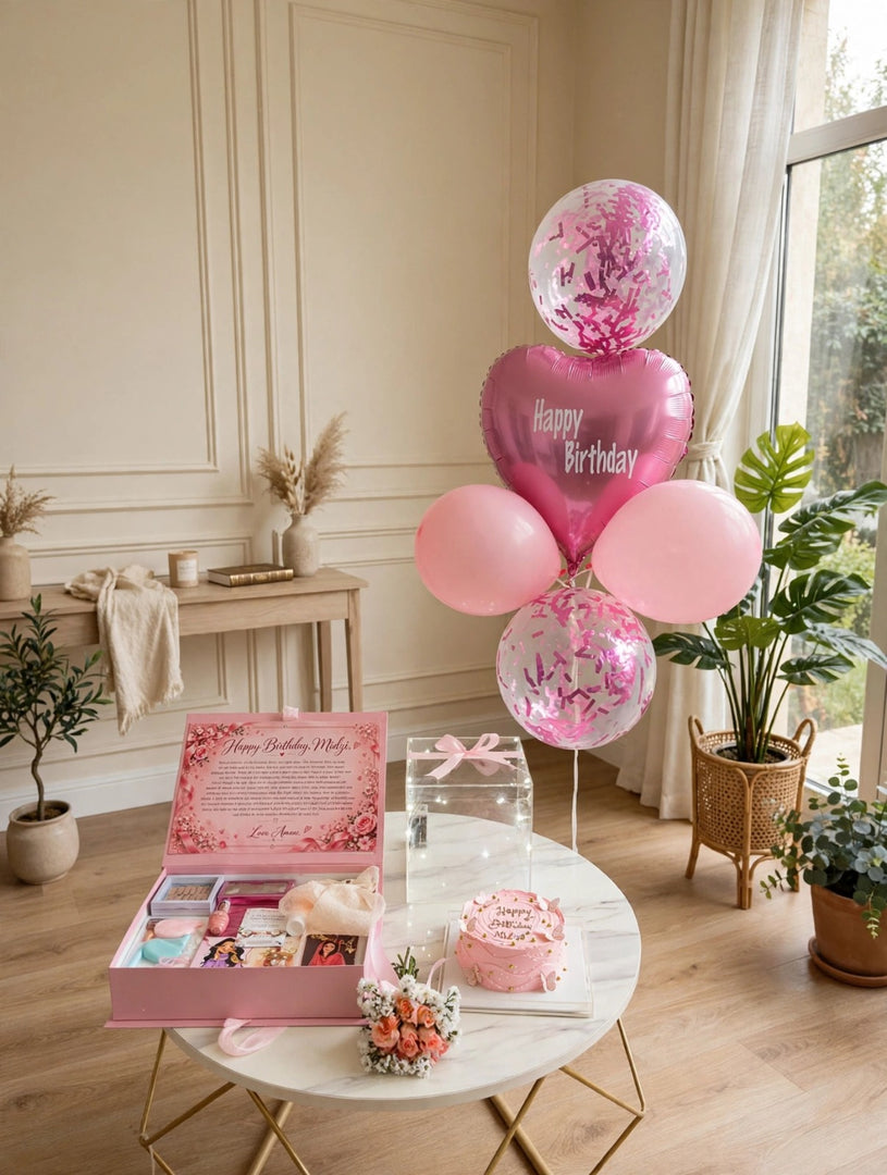 Pink birthday gift arrangement with confetti balloons, beauty gift box, pink cake and floral bouquet