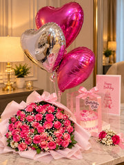 Rose Gold Romance gift arrangement with pink roses, heart balloons, cake box and luxury romantic decoration