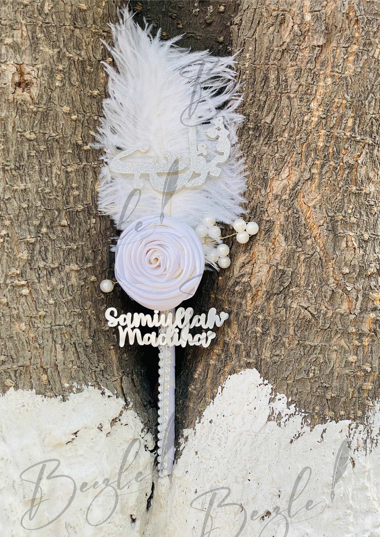 Customized Nikah Pen With White Feather, Pearl and Flower