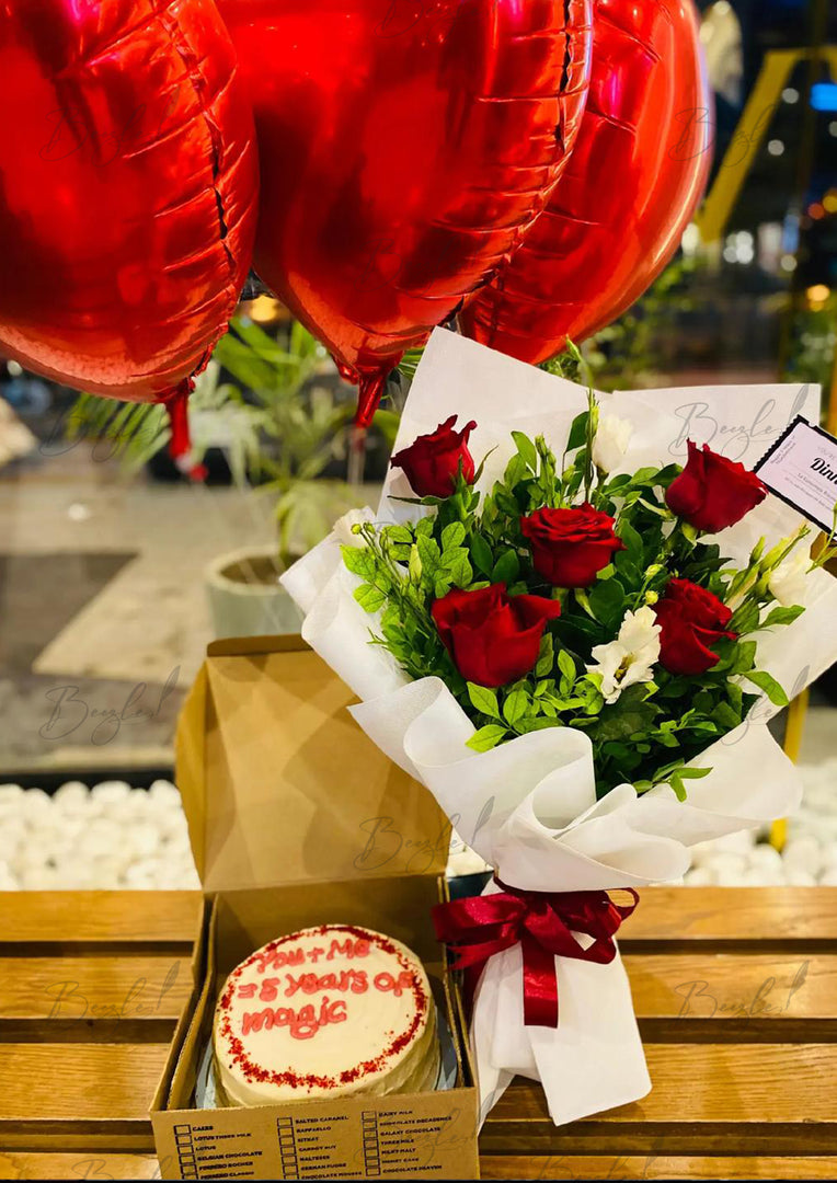 Red Rose Bouquet with Cake & Balloons | GDEL-123
