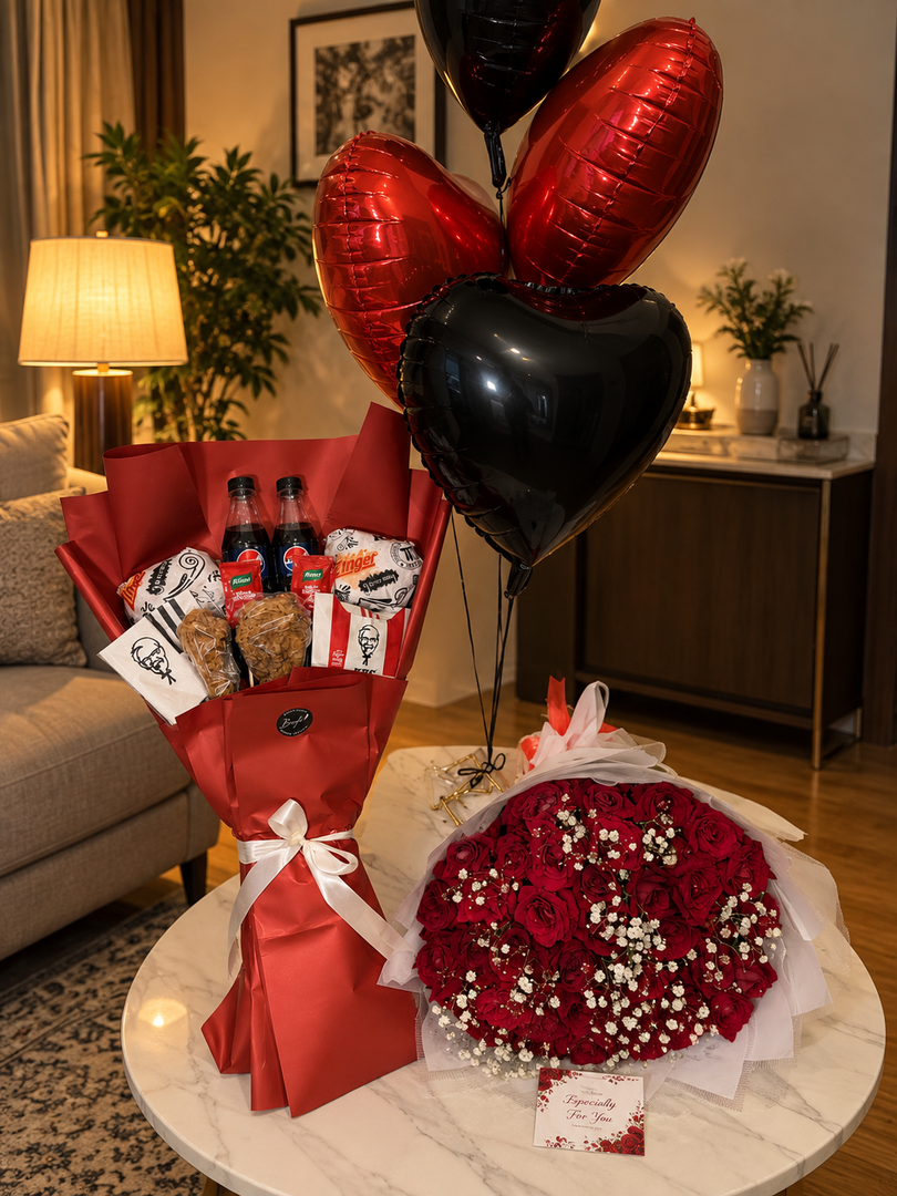 Red Velvet Romance features red roses, gourmet snacks, and heart balloons in a luxury gift arrangement perfect for romantic celebrations.