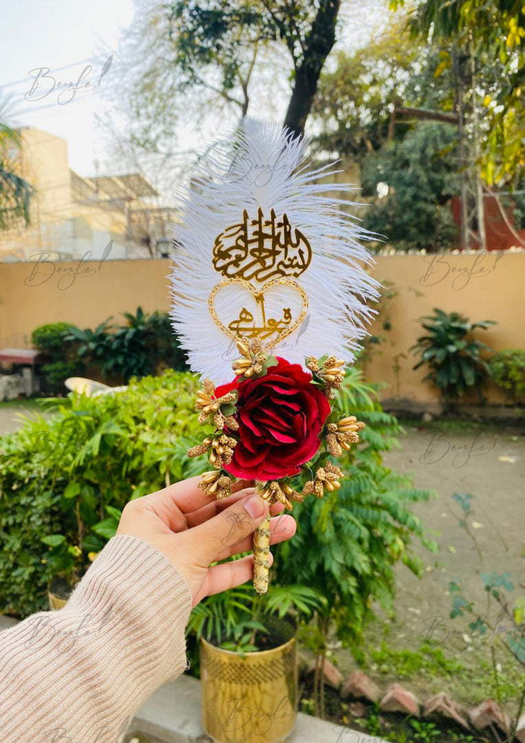 Qubool Hai Nikah Pen With Golden Lace, Red Rose with White Feather | PEN-14