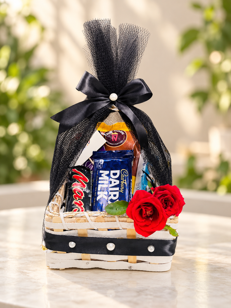 Chocolate Gift Basket – Black Wrap with Red Roses | GB-189