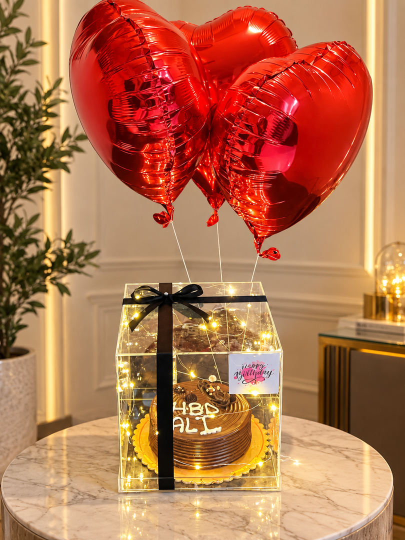 Heart Balloons & Cake in Acrylic Box | GC-059