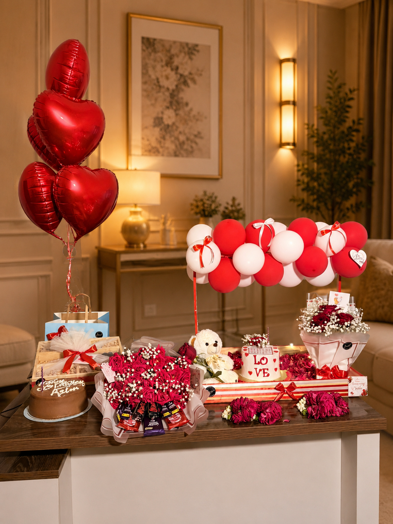 Crimson Cherish romantic gift arrangement with red roses, teddy bear, cake, chocolates and red and white balloons