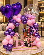 Load image into Gallery viewer, Orchid Moonlight luxury birthday gift arrangement with violet balloon arch, roses, chocolates and elegant gift box