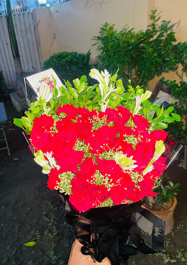 Red Roses in Black Wrapping – Birthday Bouquet | BCG-165