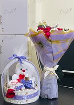 Load image into Gallery viewer, Lavender Red Rose Bouquet with Teddy Gift Basket | DEL-130
