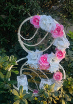 Load image into Gallery viewer, Pearls Nikkah Ring Tray with Mirror Base and Pink White Floral Hoop  | NT-010