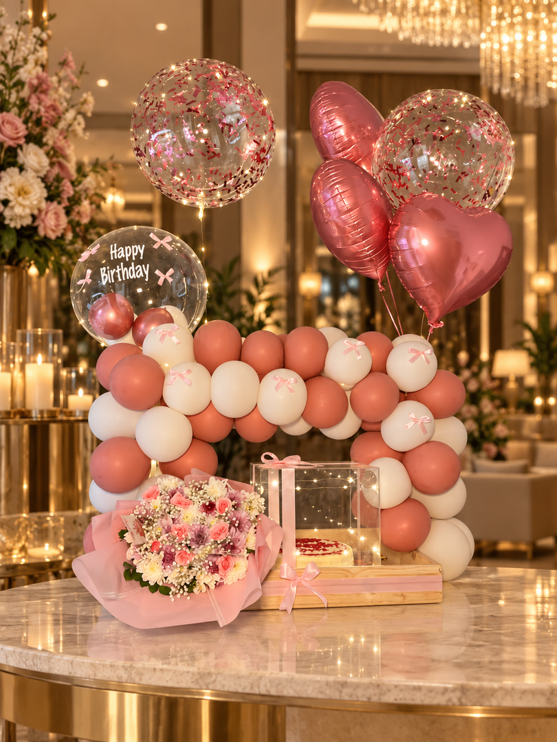 Rose pink balloon arch with heart foil balloons, pink bouquet and birthday cake in a clear box