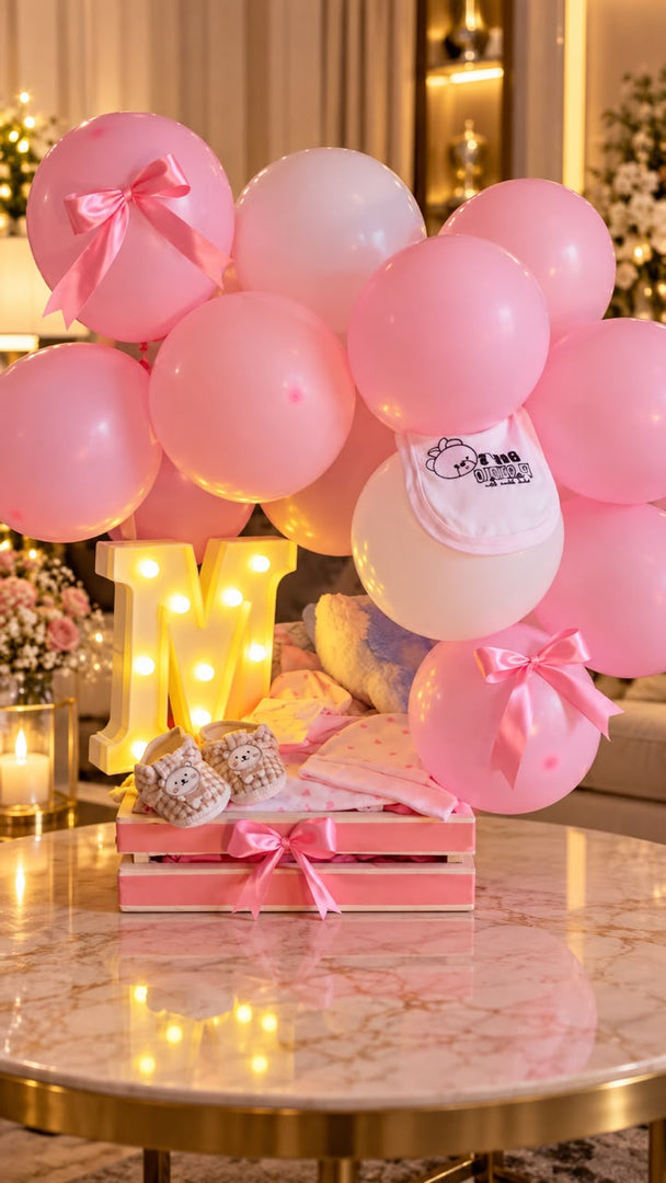 Blush Baby Haven luxury newborn gift set with pink balloons, baby accessories, and elegant celebration box