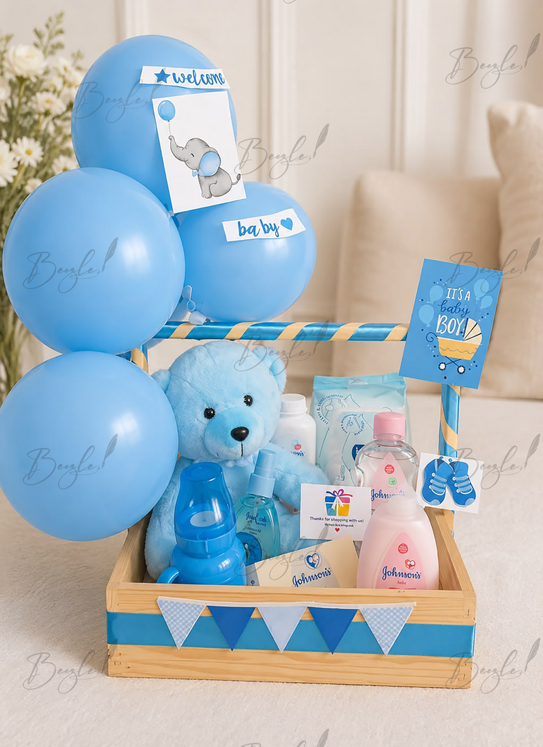 Little Prince Welcome Set with blue balloons, teddy bear, baby care products, and wooden gift tray for newborn baby boy.