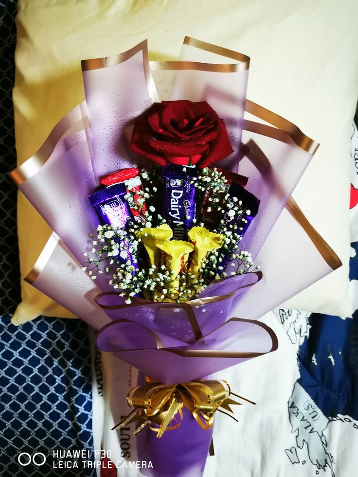 Dairy Milk Chocolate Bouquet with Roses and Purple Wrap | BCG-004