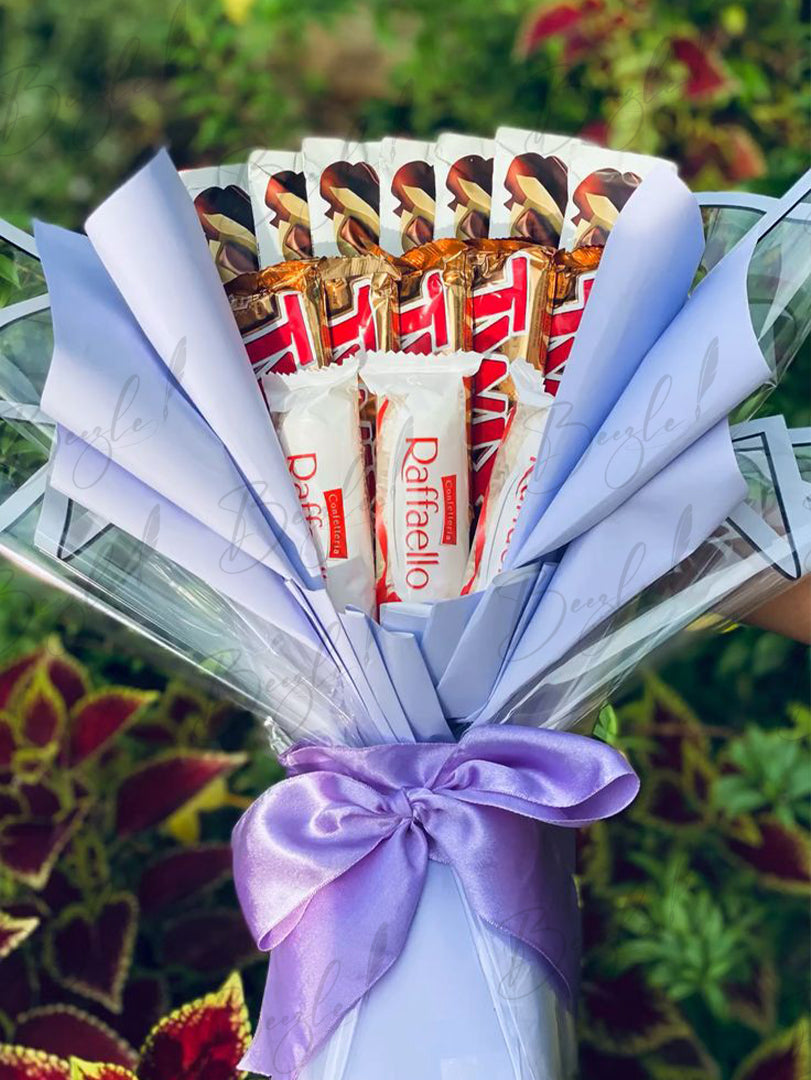 Twix and Raffaello Chocolate Bouquet with Blue Wrap | BCG-022