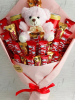 Load image into Gallery viewer, Teddy and Chocolate Gift Bouquet with Pink Wrap and Red Ribbon | BCG-023
