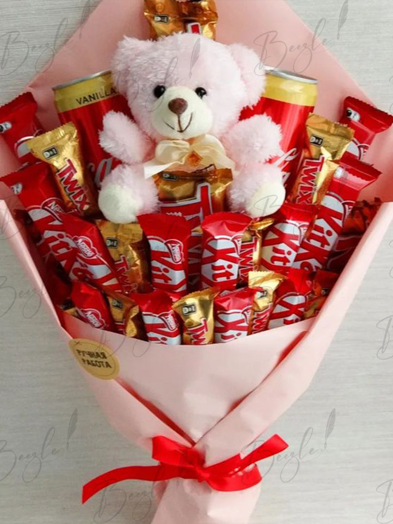 Teddy and Chocolate Gift Bouquet with Pink Wrap and Red Ribbon | BCG-023