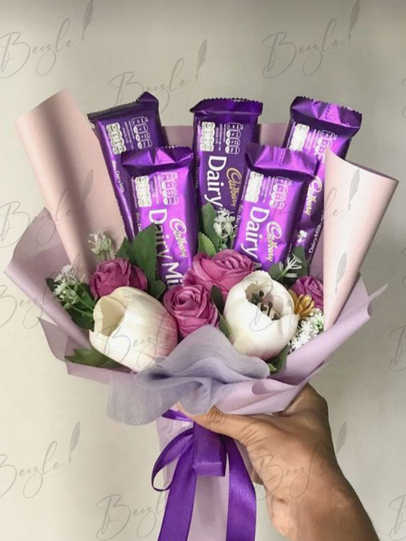 Dairy Milk Chocolate and Flowers Bouquet with Purple Highlights | BCG-025