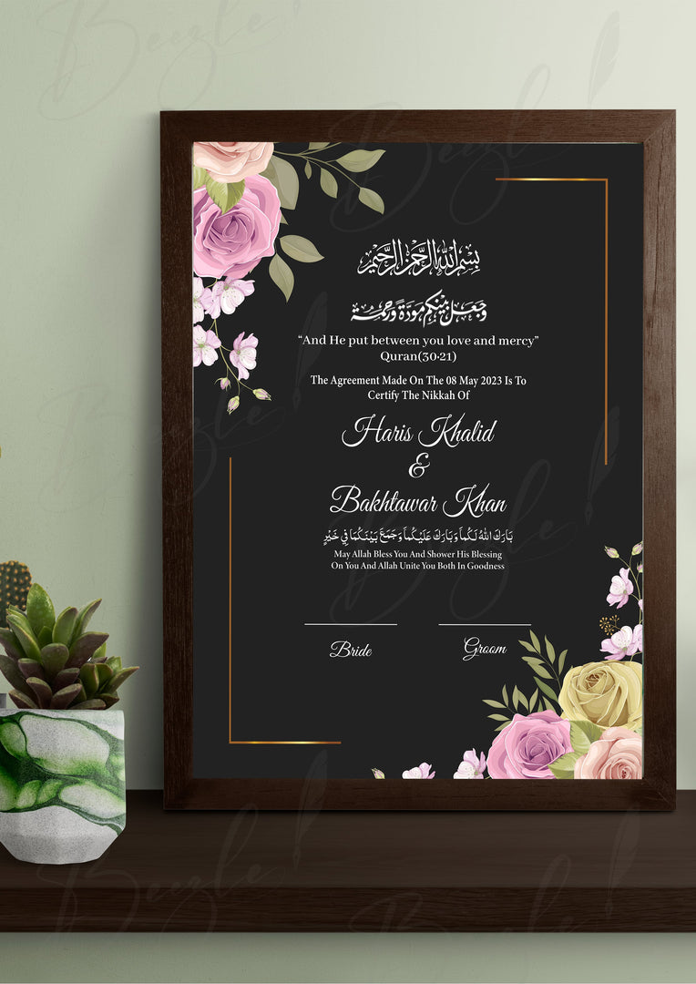 Nikah Certificate With Black & Pink Flower Design | NC-021