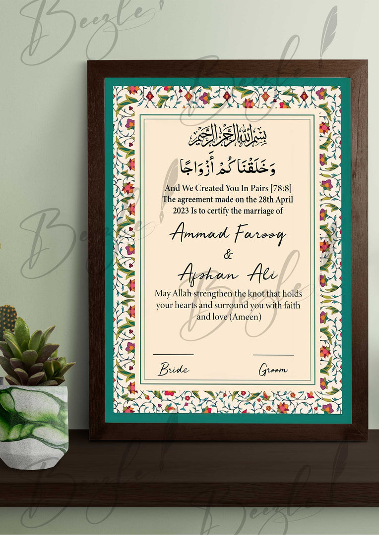 Nikah Certificate With Classic Flower Border Design & Customized Name | NC-057