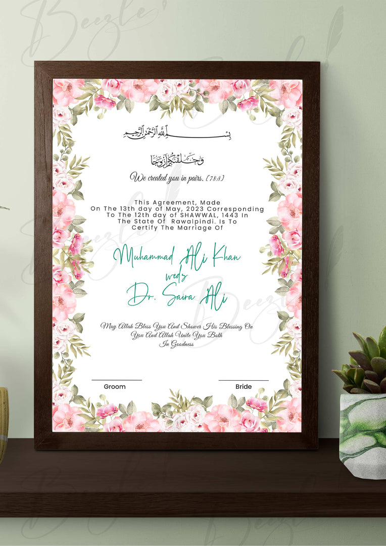 Classic Pink Blossom Nikah Certificate Frame NC-043