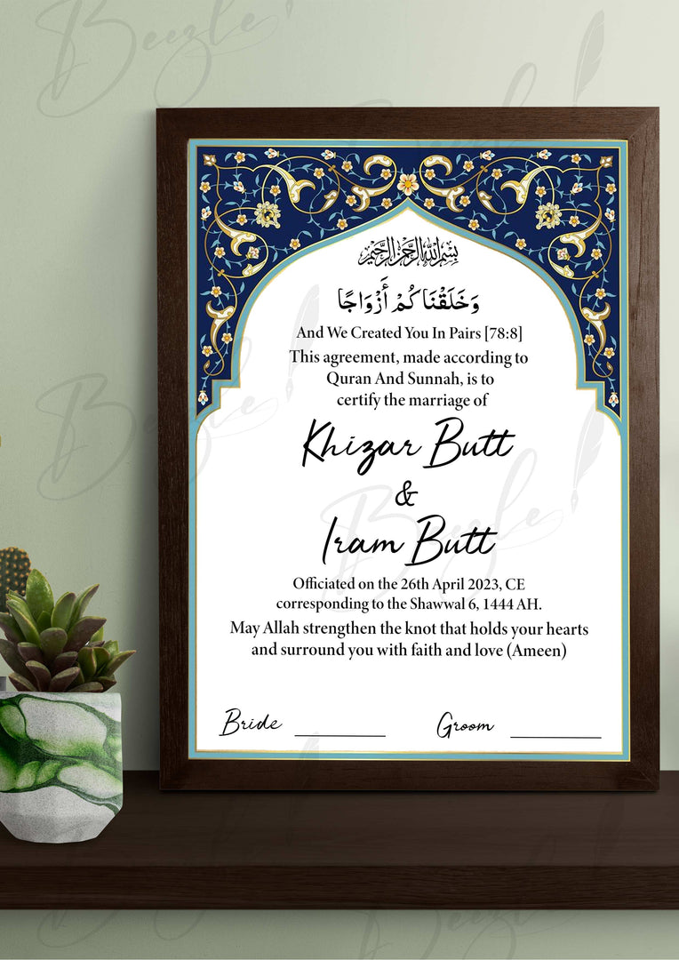 Customized Nikah Certificate With Classic Name & Blue Design | NC-017