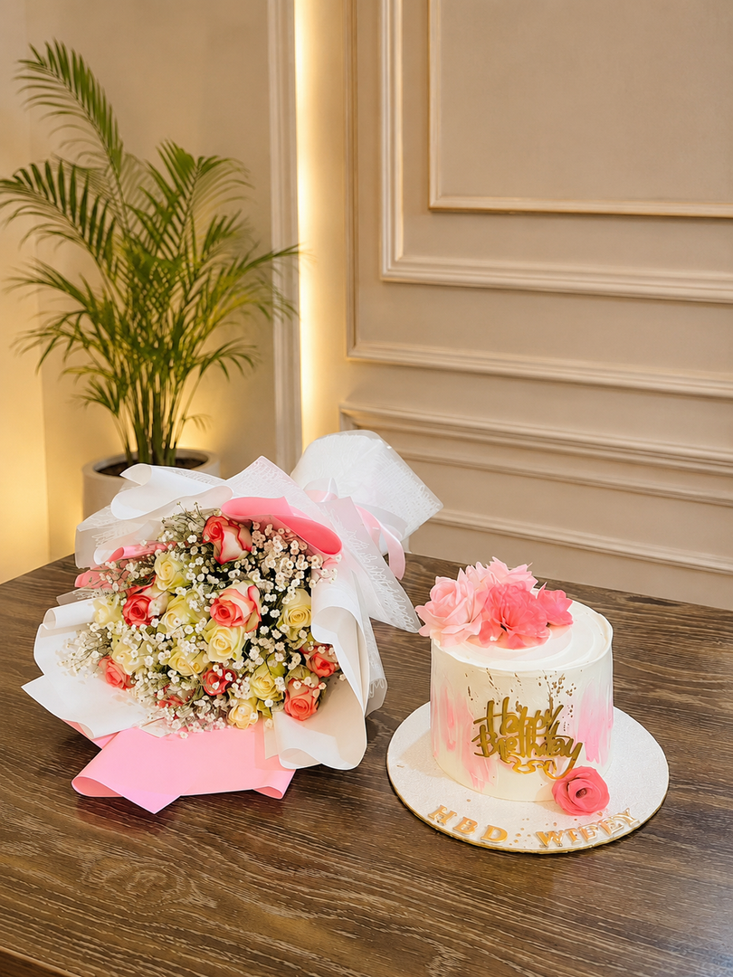 Floral Muse birthday gift with pastel flower bouquet and pink white birthday cake