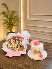 Floral Muse birthday gift with pastel flower bouquet and pink white birthday cake