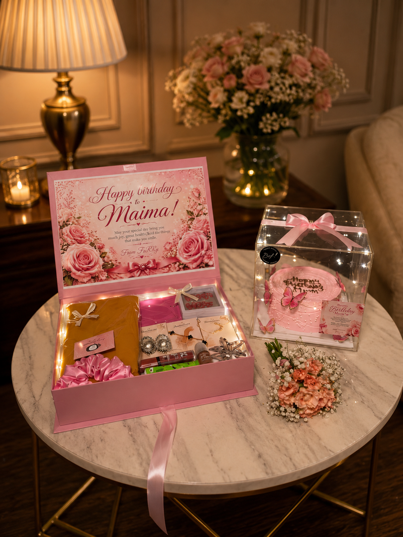 Pink Amour Keepsake with pink gift box, personalized cake, flowers and birthday card