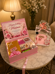 Pink Amour Keepsake with pink gift box, personalized cake, flowers and birthday card