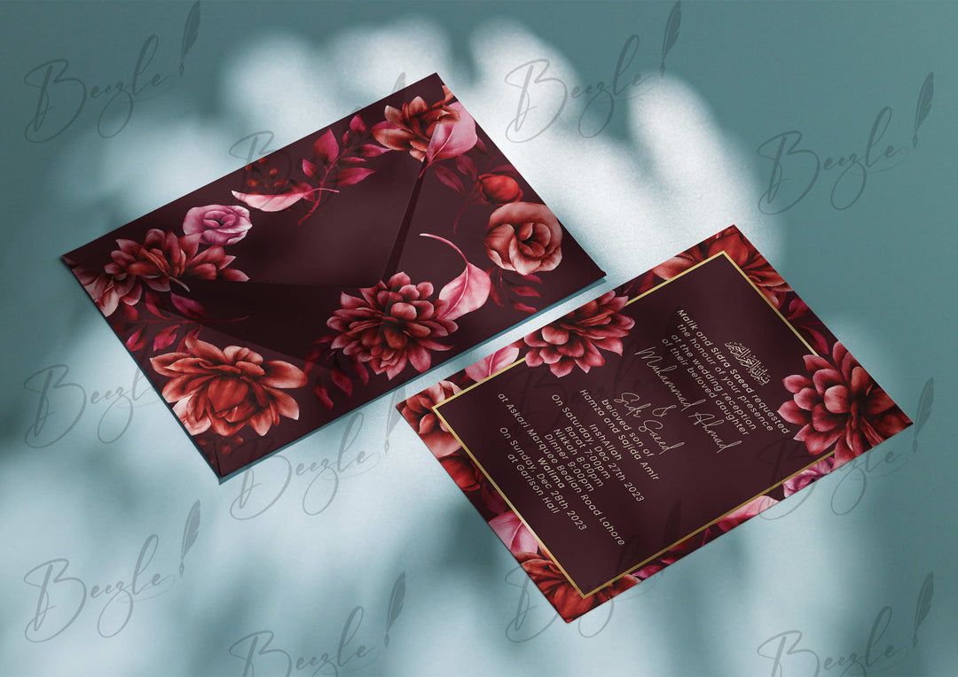 Nikkah Invitation Card With Combination of Maroon Flowers | NI-003