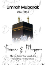 Load image into Gallery viewer, Umrah Mubarak Frame with Illustration &amp; Ayah — Customized with Name and Date
