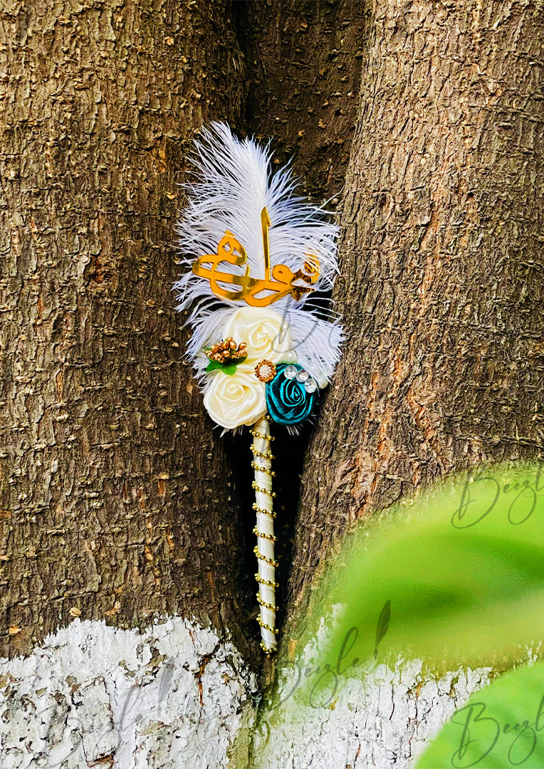 The Attractive Qubool Hai Nikah Pen Decorated With Feather, Two white & One Frozi Flower | PEN-69